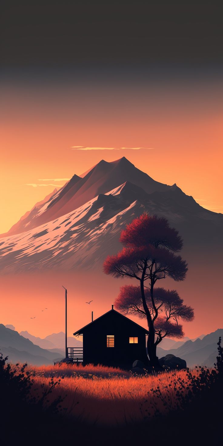 A small cabin and a tree silhouetted below a mountain at dusk in orange and grey tones.