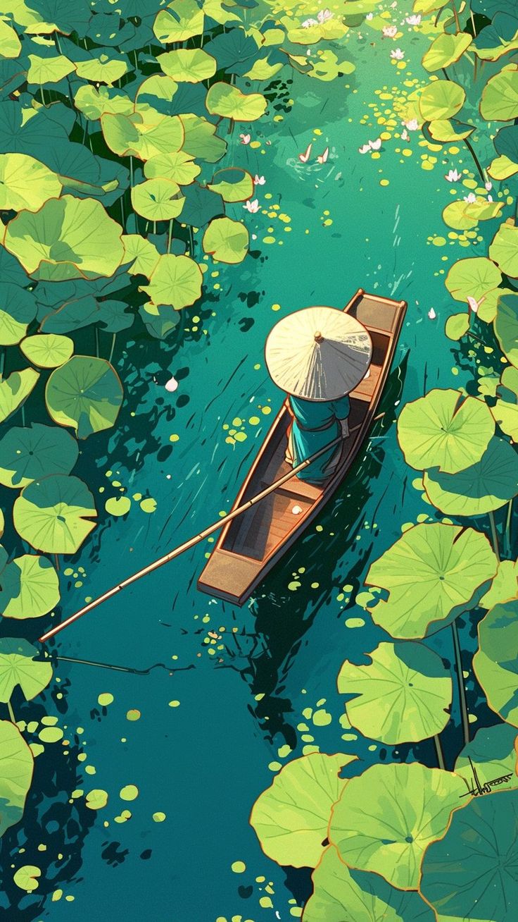 A person in a conical hat rowing a boat through green lily pads, in an illustrated style.