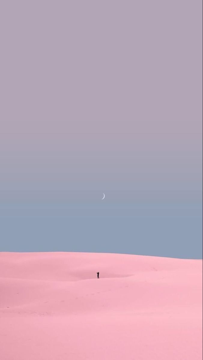 A tiny figure standing on a vast pink plain under a pale lilac sky.
