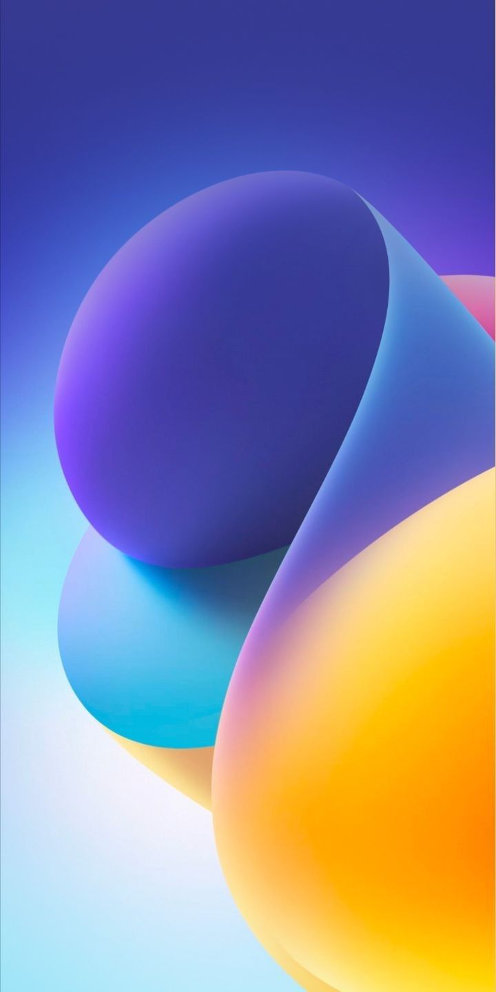 Glossy 3D swirls of purple, blue and yellow.