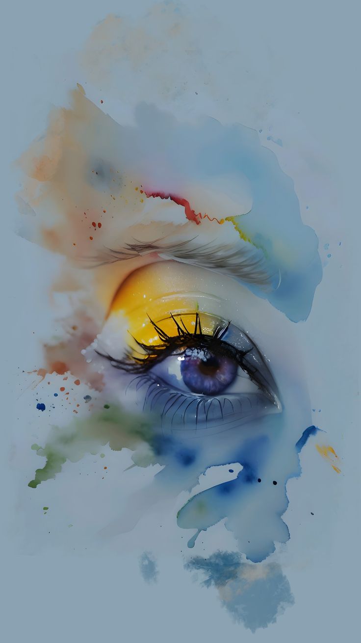 A painted eye surrounded by blue, yellow and red watercolour splashes.