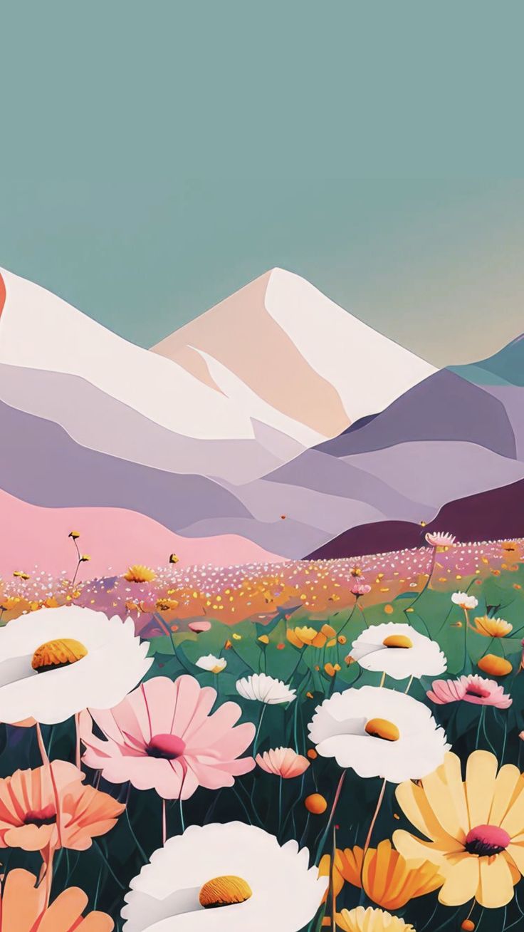 Pastel pink and white mountains above a meadow of colourful daisies.