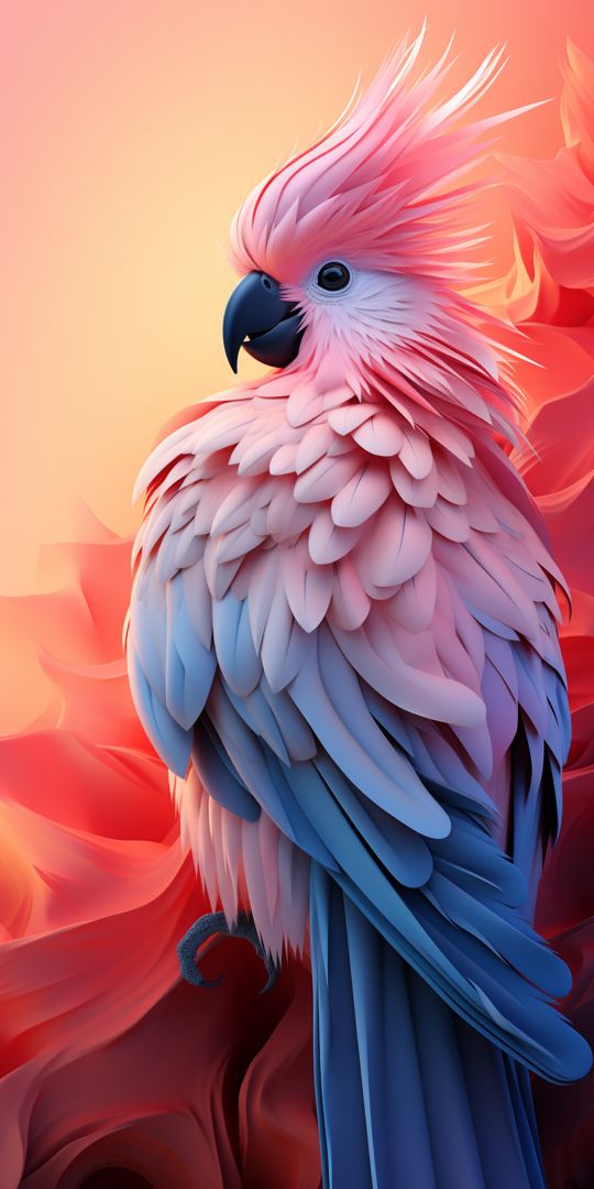 A pink and blue cockatoo with a fiery crest against a red background.