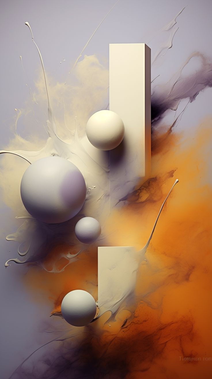 White spheres and blocks floating among orange and grey paint splashes in a 3D abstract.