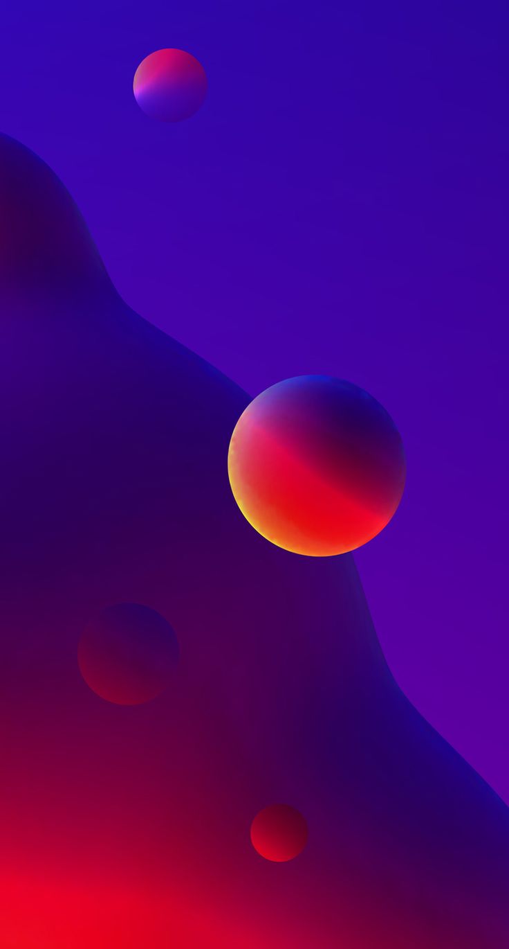 Glossy red and orange planets on a purple and red wavy background.