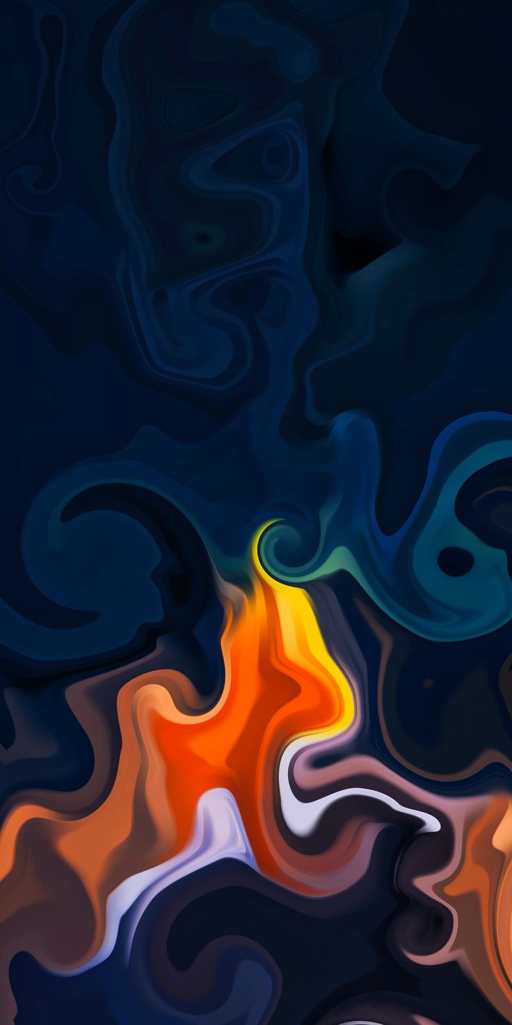Swirling dark blue shapes with bright orange flame-like streaks.