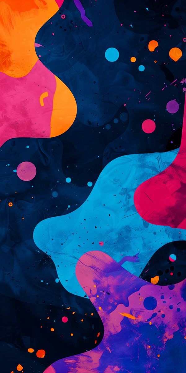 Colourful paint blobs in orange, blue, pink and purple with small dots on navy.