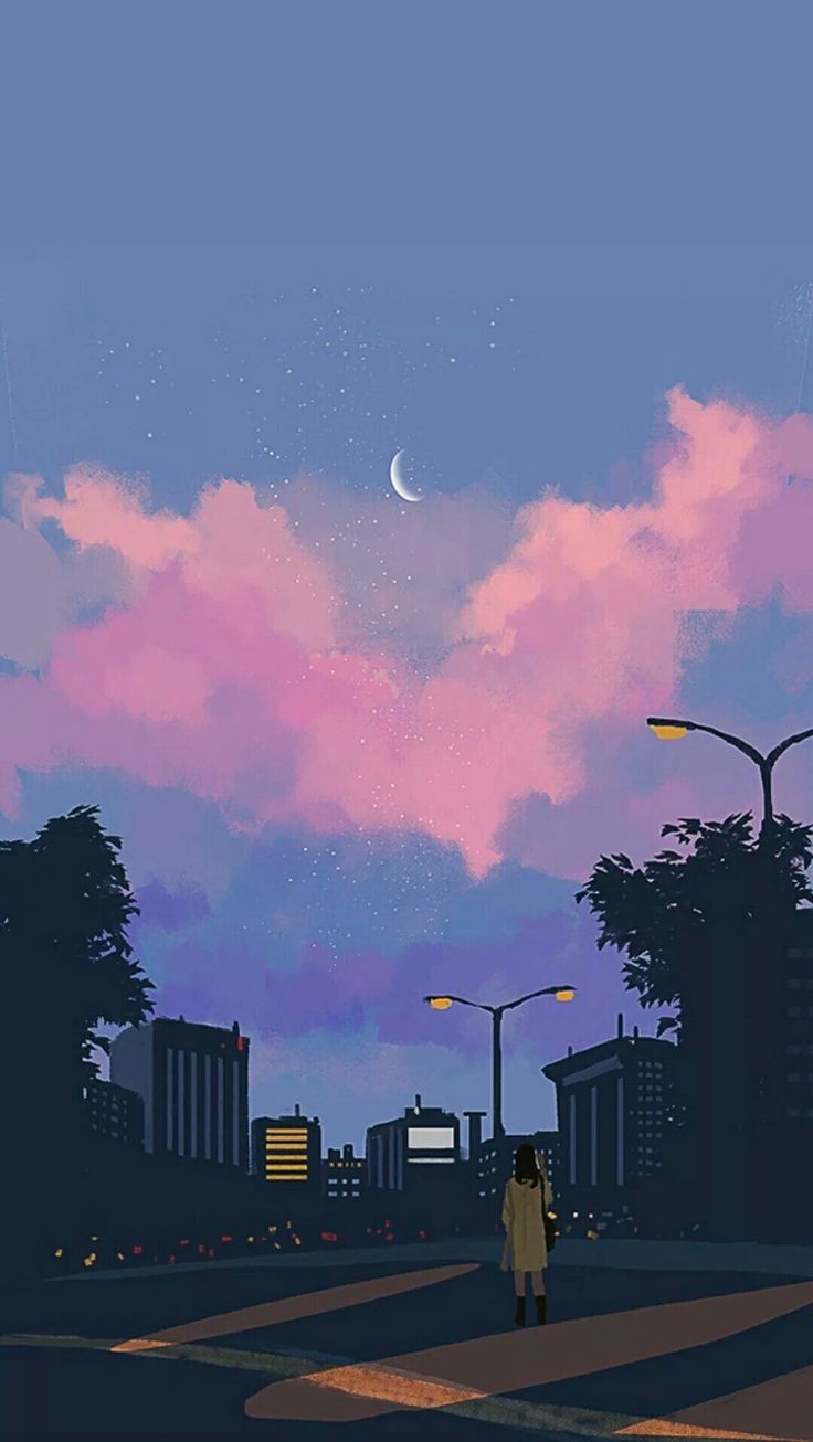 A figure walking along an evening street under pink clouds and a crescent moon, in an anime style.