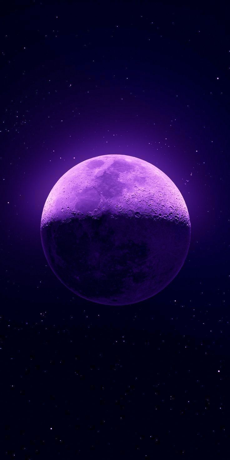 A glowing purple moon in a dark starry sky.