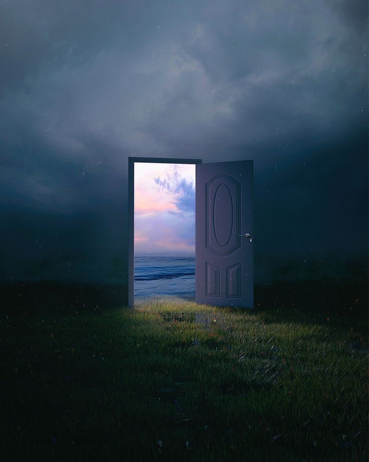 An open door standing alone in a dark field, revealing a bright sky inside.