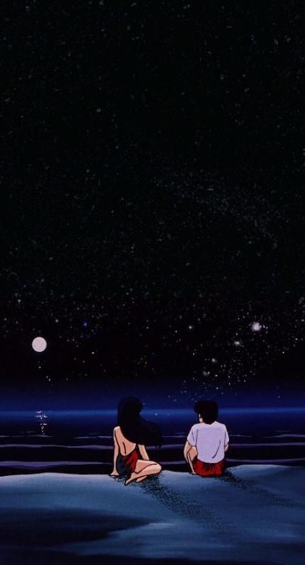 Two people sitting side by side on a dark shore under a starry night sky.