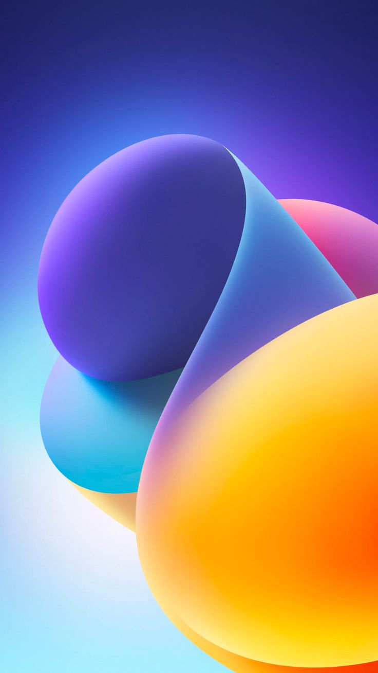 Glossy 3D shapes in purple, blue and yellow folding together.
