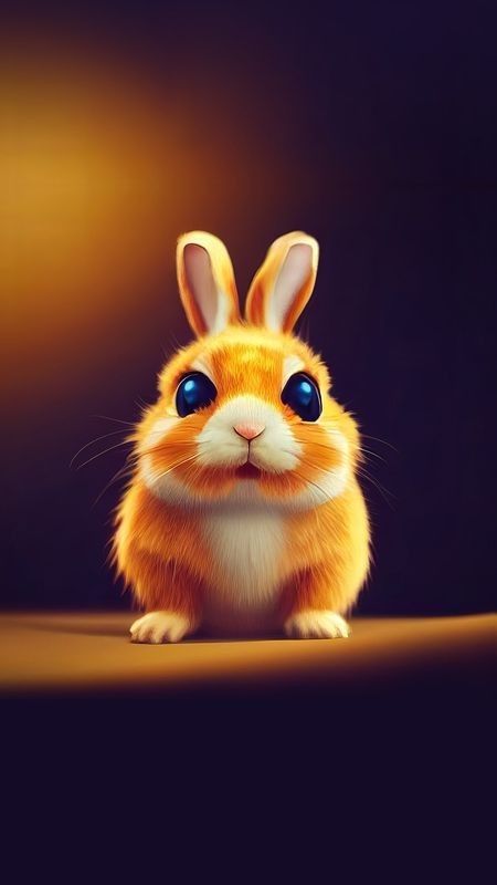 A cute orange bunny sitting under a warm spotlight on a dark background.