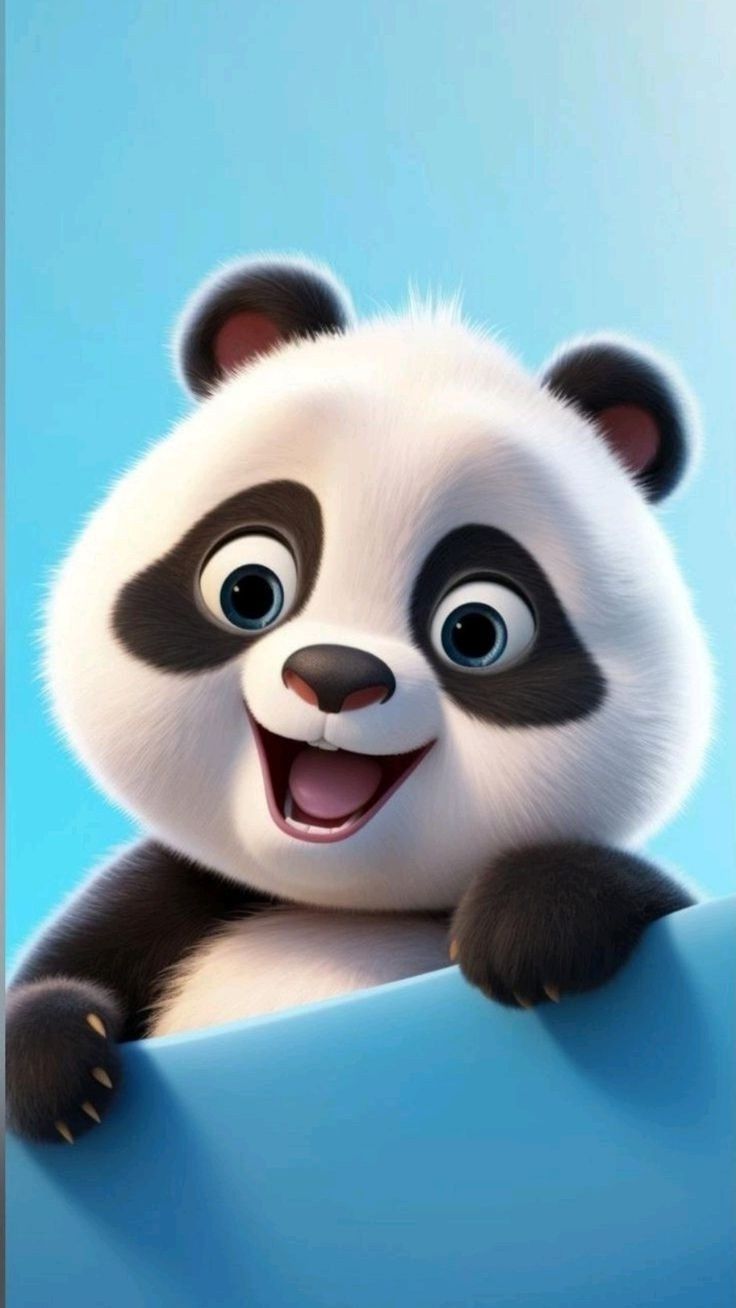 A laughing cartoon panda peeking over a blue edge.