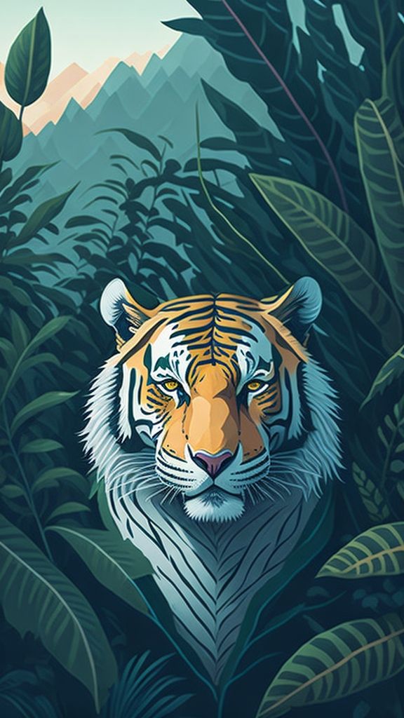 A tiger's face framed by dark tropical leaves, in a flat illustrated style.