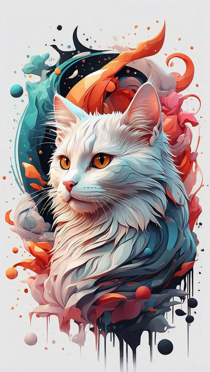 White Cat in Paint Splashes