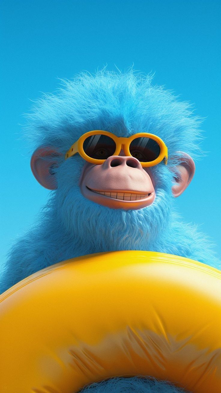 A fluffy blue monkey in round sunglasses leaning on a yellow swim ring.