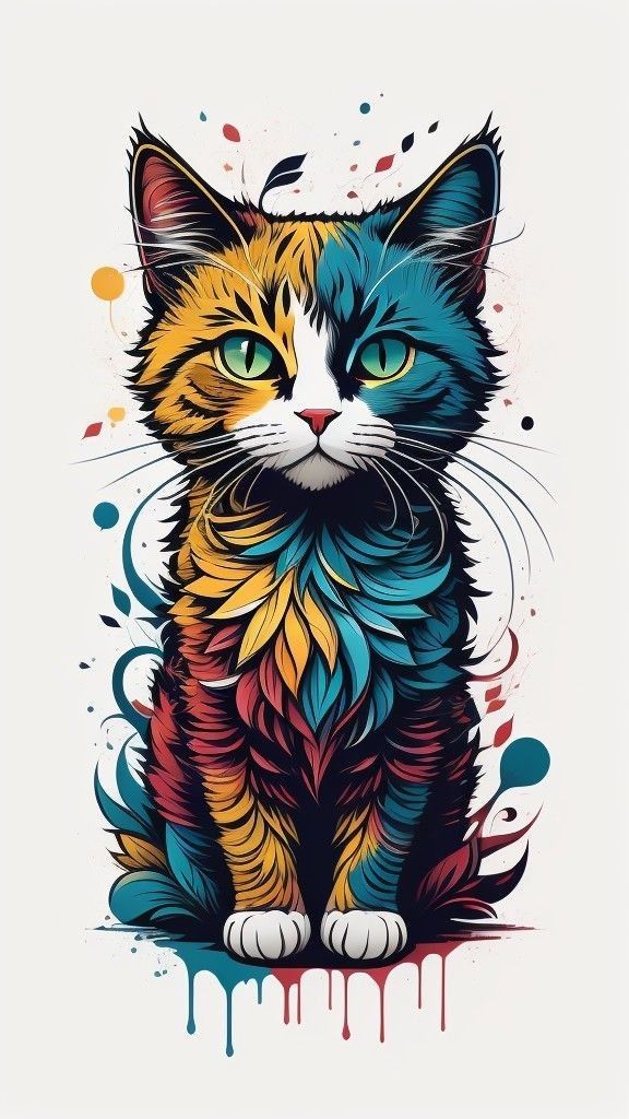 A colourful illustrated cat with blue eyes and boldly patterned fur on white.
