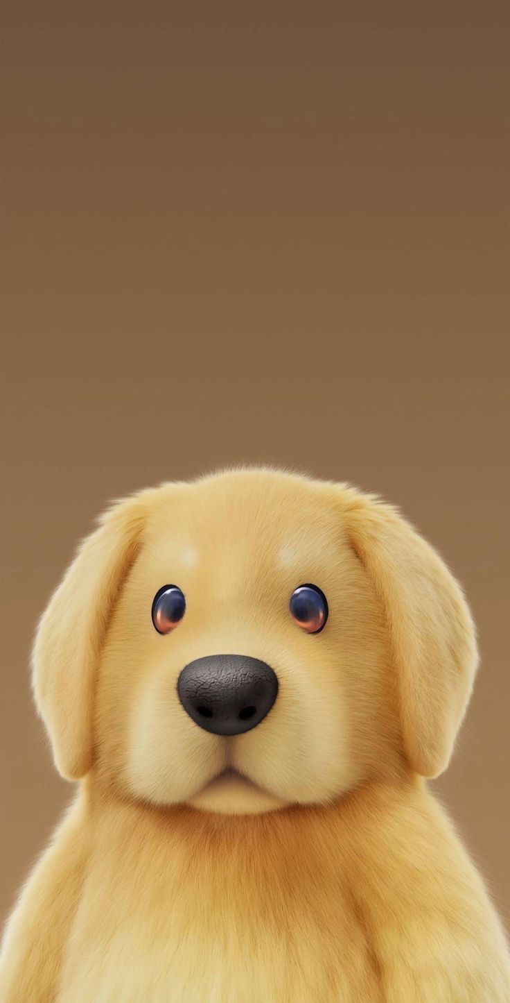 A plush-looking golden puppy with a sweet face on a warm brown background.