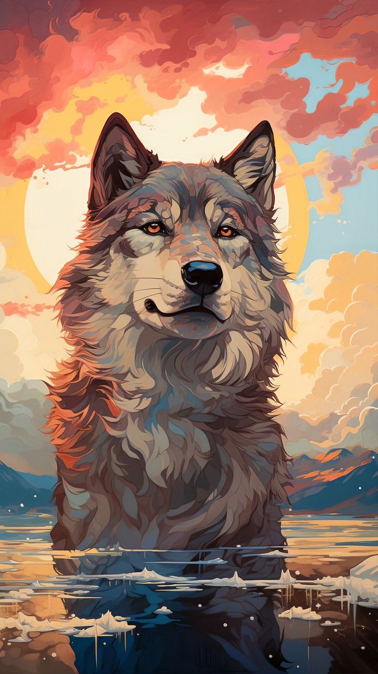 A painted wolf sitting in shallow water against a fiery orange and blue sky.