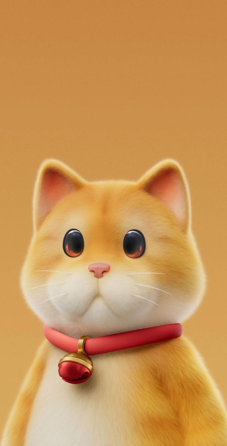 A plump ginger cartoon cat with a red collar and bell on an orange background.