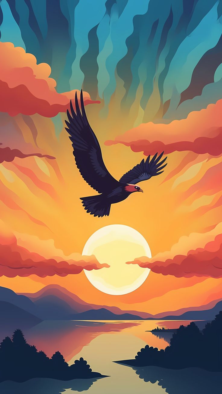 An eagle flying over a lake at sunset beneath orange and red clouds, in a flat illustrated style.