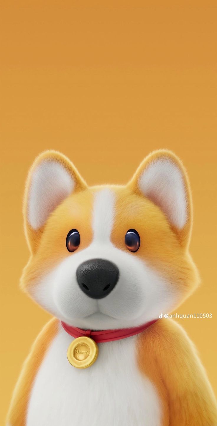 A plump cartoon corgi with a red collar and gold tag on an amber background.