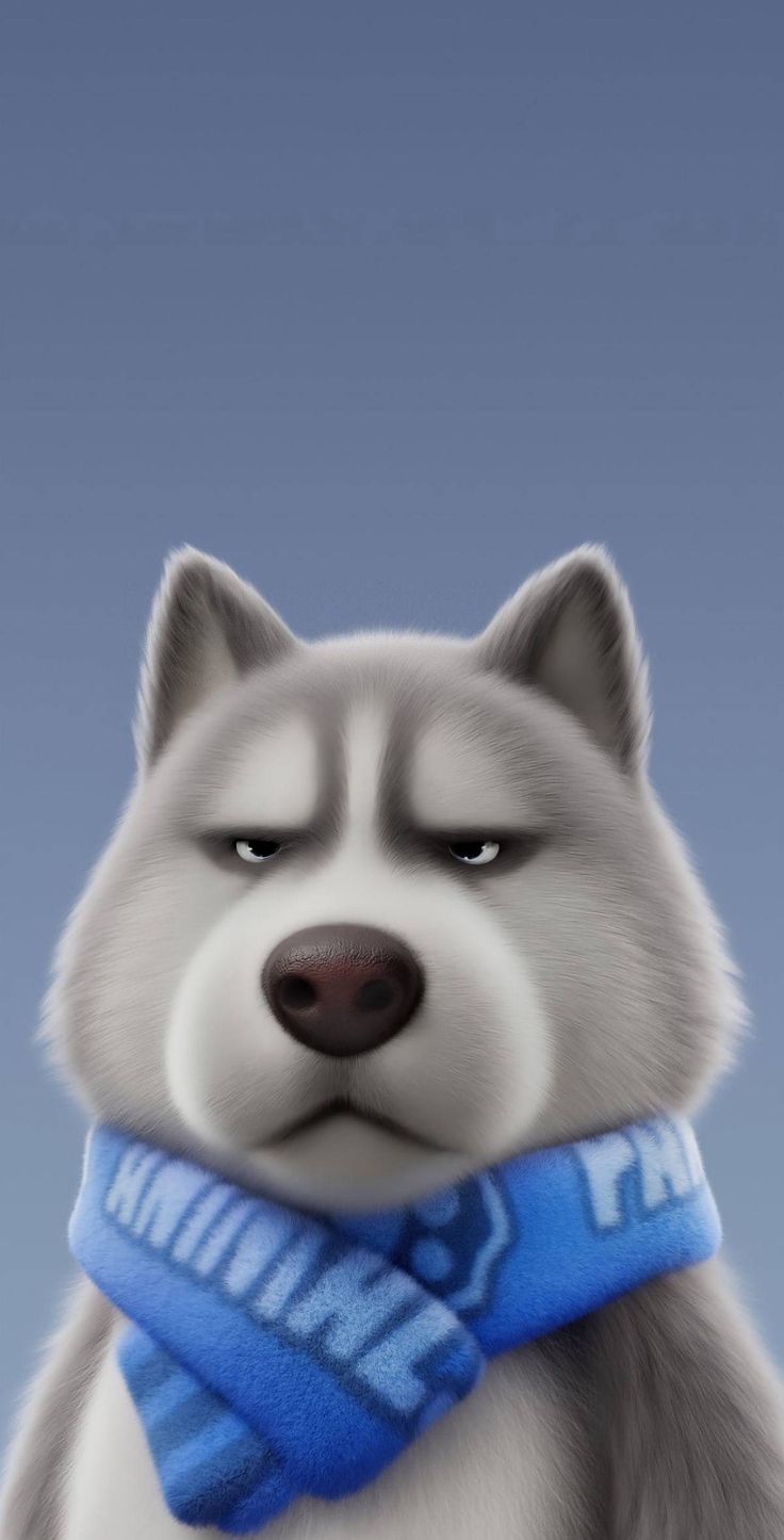 A grumpy 3D husky wearing a blue scarf on a blue-grey background.