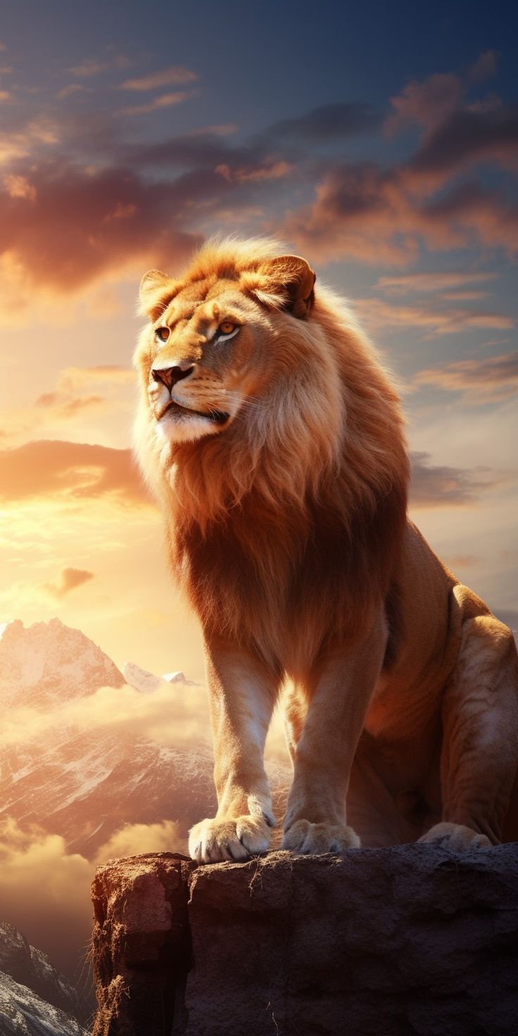 A lion standing on a rock against a glowing golden sunset.