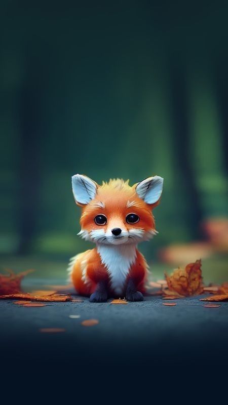 A tiny illustrated fox kit sitting on mossy ground in a dark green forest.