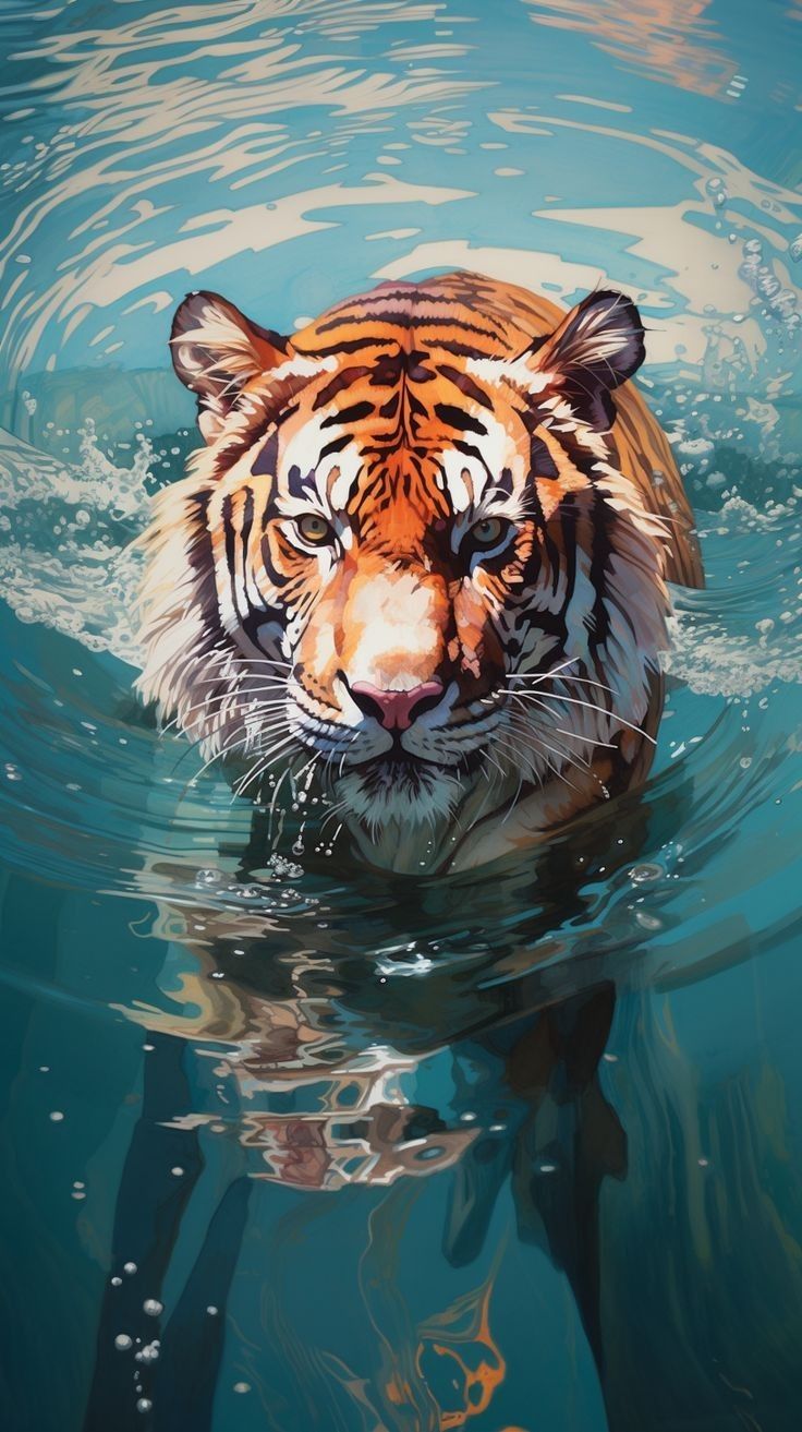 A tiger swimming toward the camera through blue-green water.