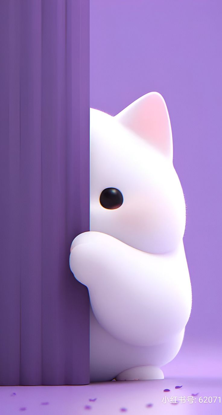 A cute 3D white cat peeking out from behind a purple wall.