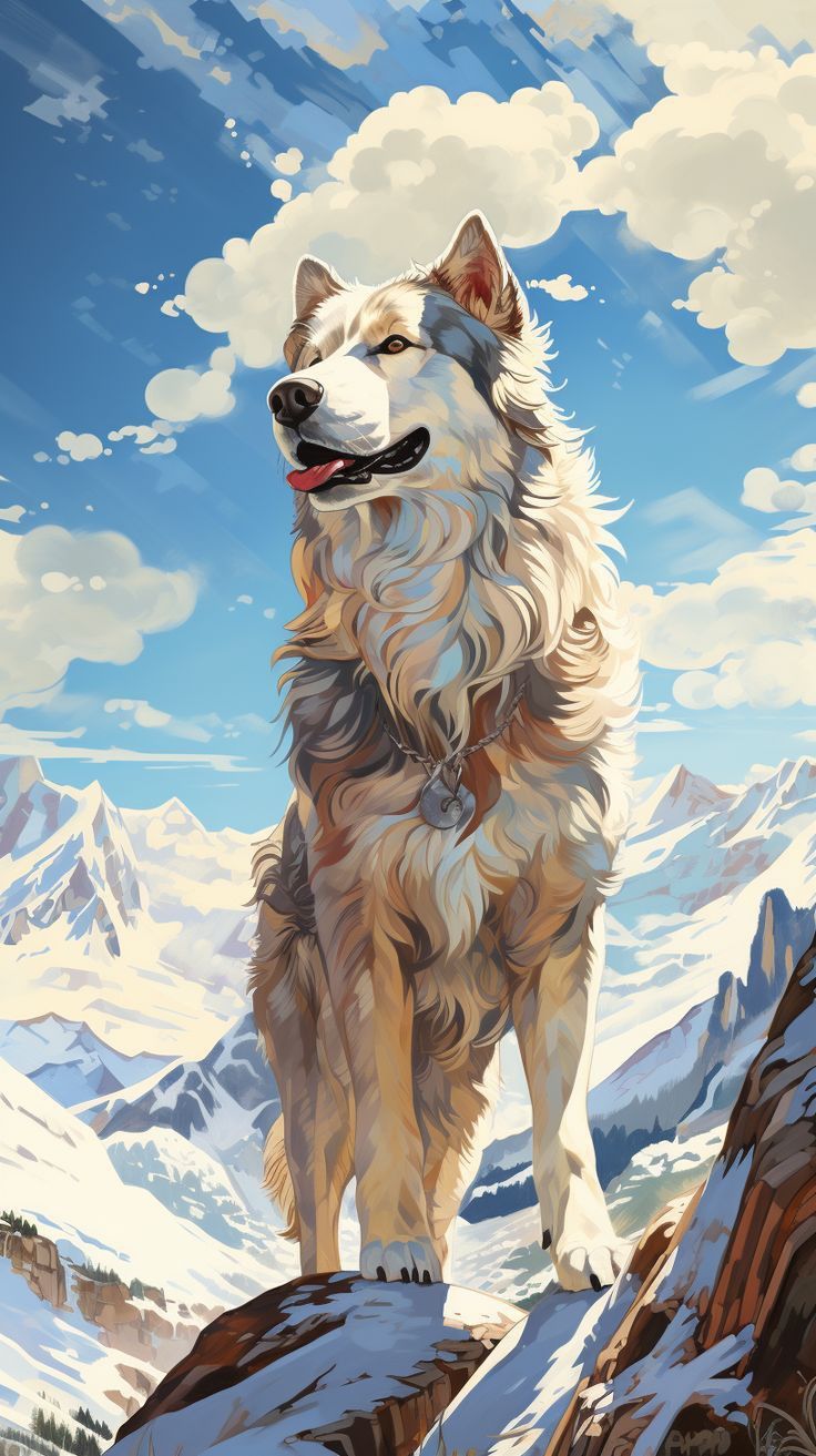 A husky standing on a snowy rock with mountains and clouds behind, in a painted style.