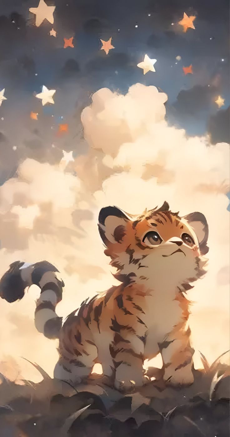 A tiger cub looking up at stars and clouds from a hilltop, in a storybook style.