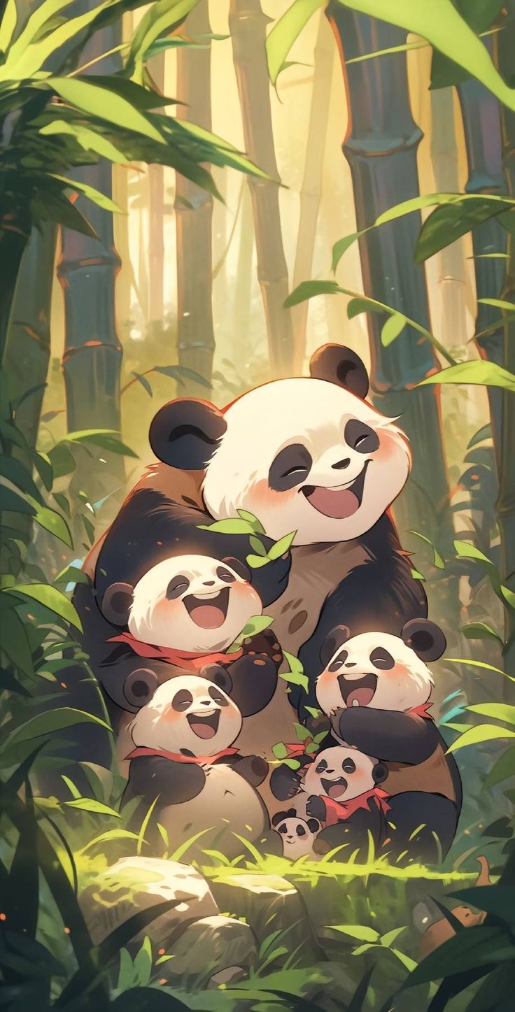 A mother panda and her cubs smiling together in a sunlit bamboo forest.