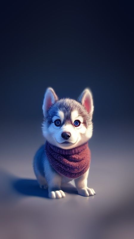 A cute husky puppy in a red scarf sitting on a dark blue background.