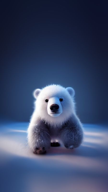 A fluffy white polar bear cub on a blue background.