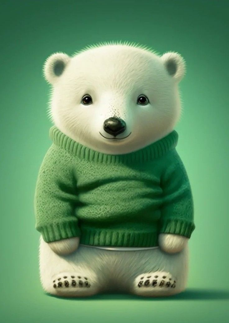 A 3D polar bear cub in a green knitted jumper on a green background.