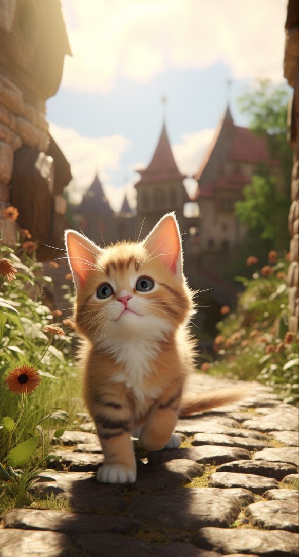 A curious ginger kitten walking along a cobbled path toward a castle, in a storybook style.