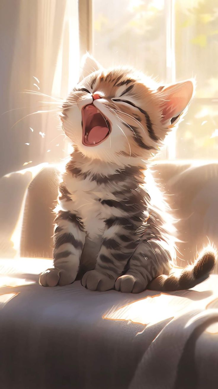 A tabby kitten yawning on a sofa in warm light from a window.