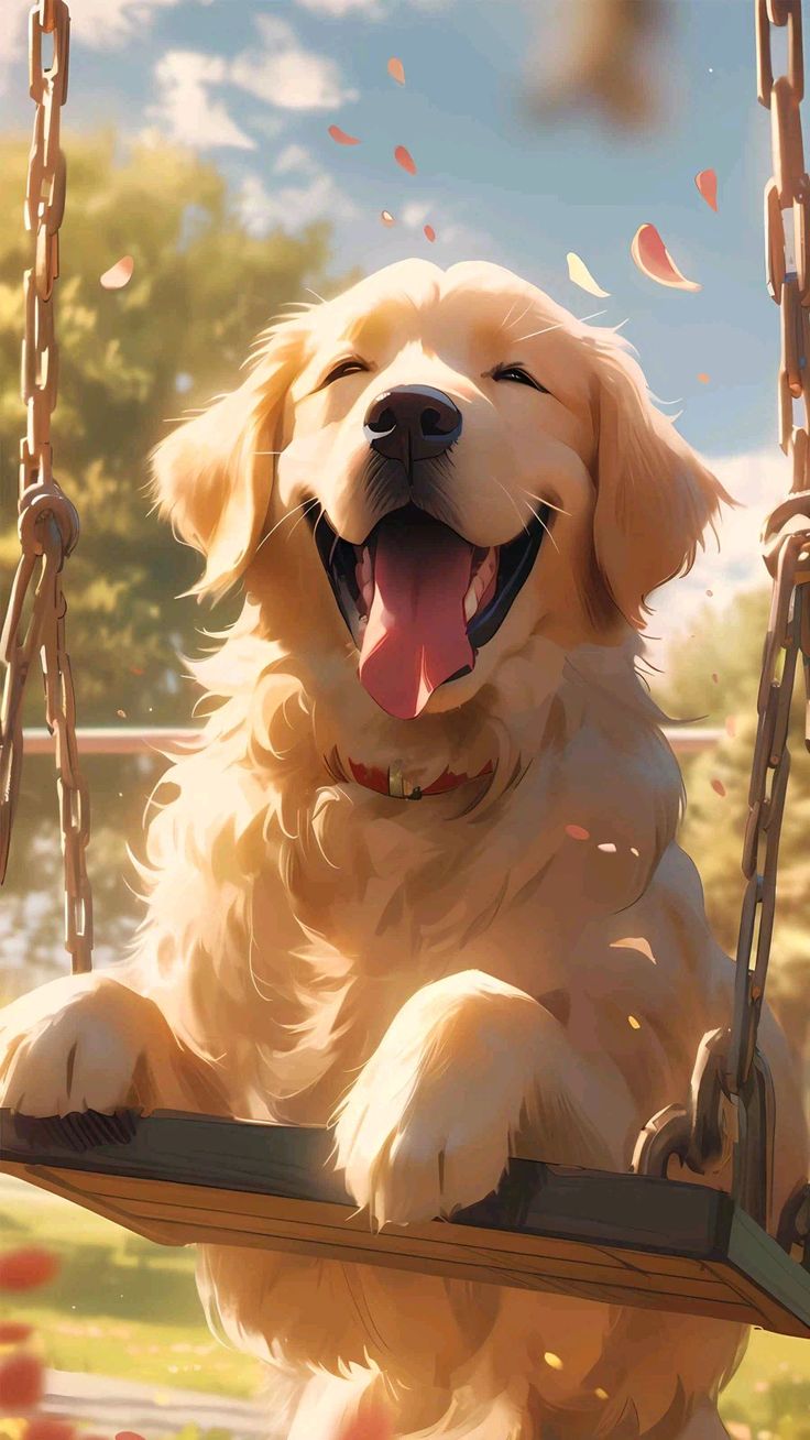 A golden retriever grinning on a wooden swing among falling petals.