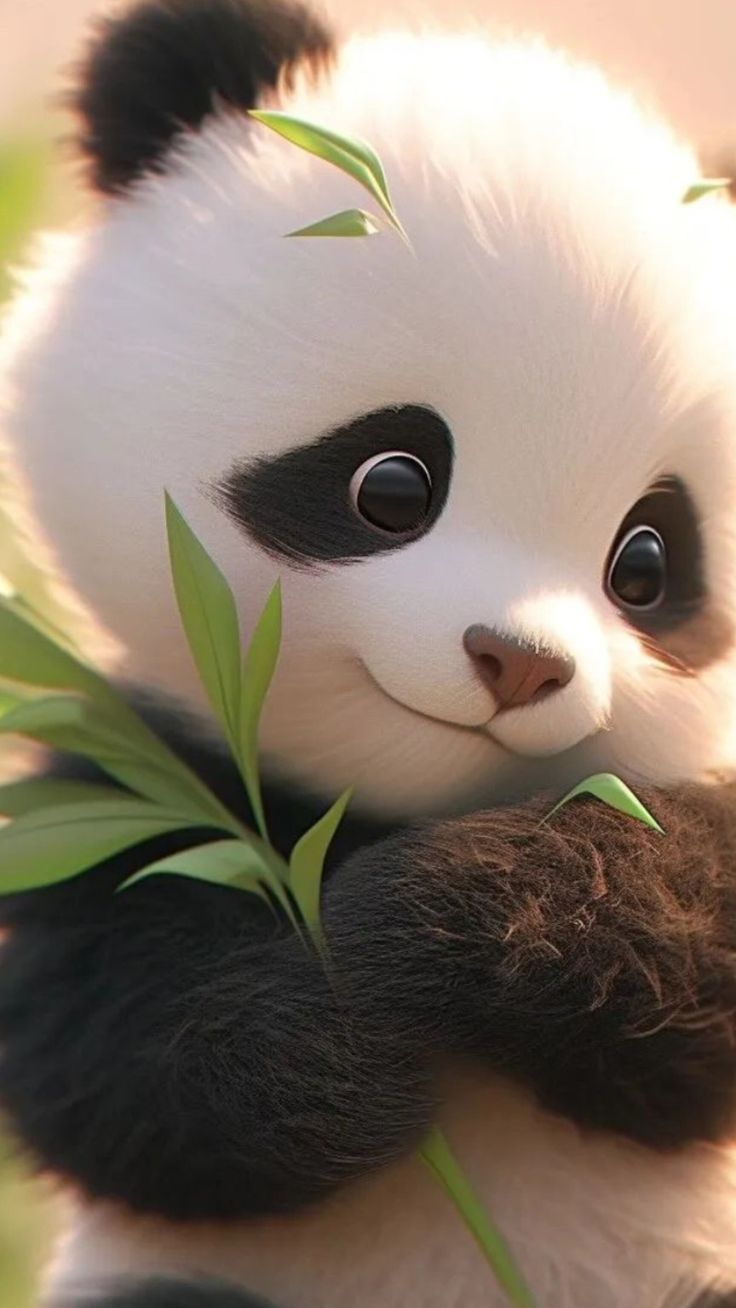 A fluffy panda cub chewing a green bamboo leaf.