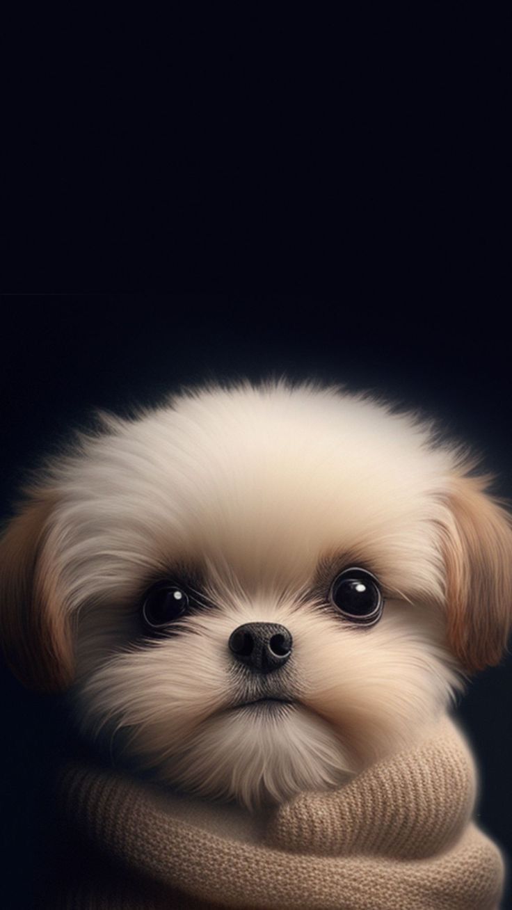 A fluffy cream puppy with big dark eyes on a black background.