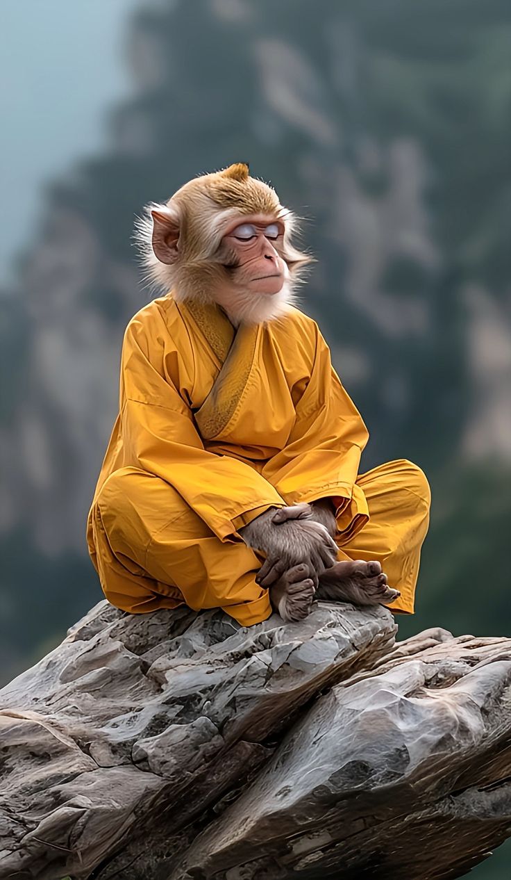 A monkey in an orange robe sitting cross-legged on a rock in misty mountains.