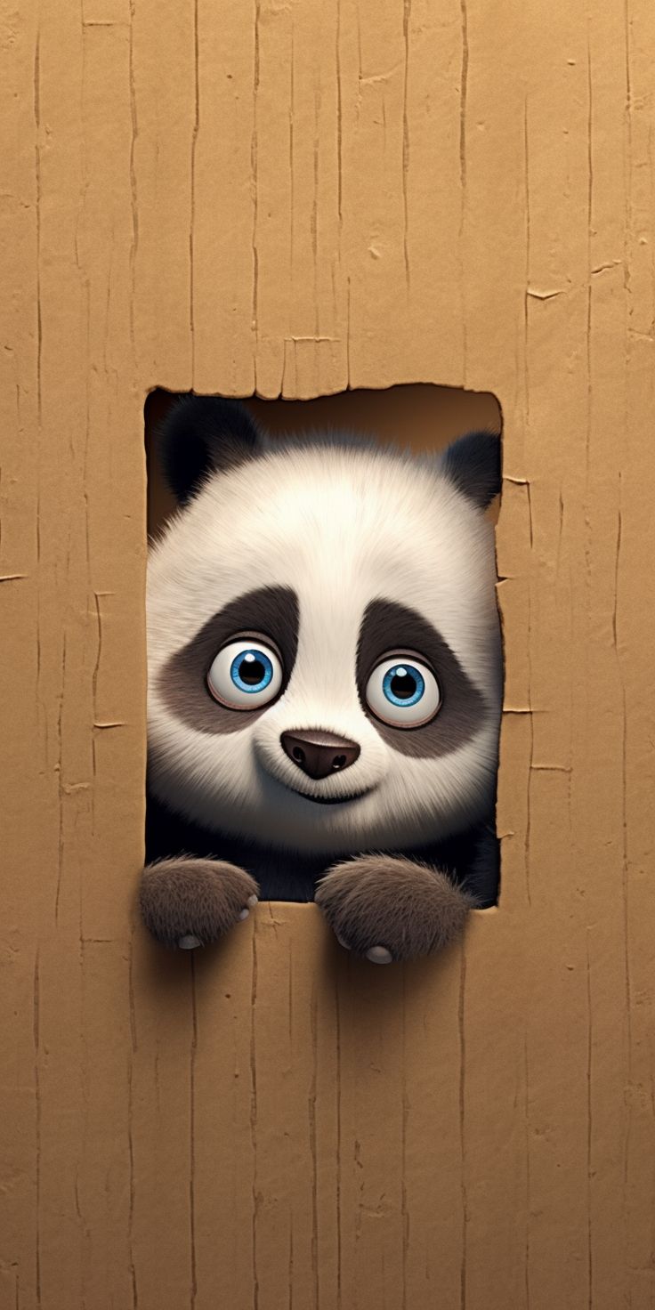 A cartoon panda peeking through a hole in a wooden board.