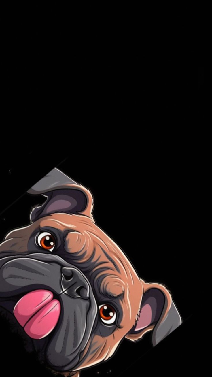 A pug's face peeking in from the side with its tongue out, on a black background.