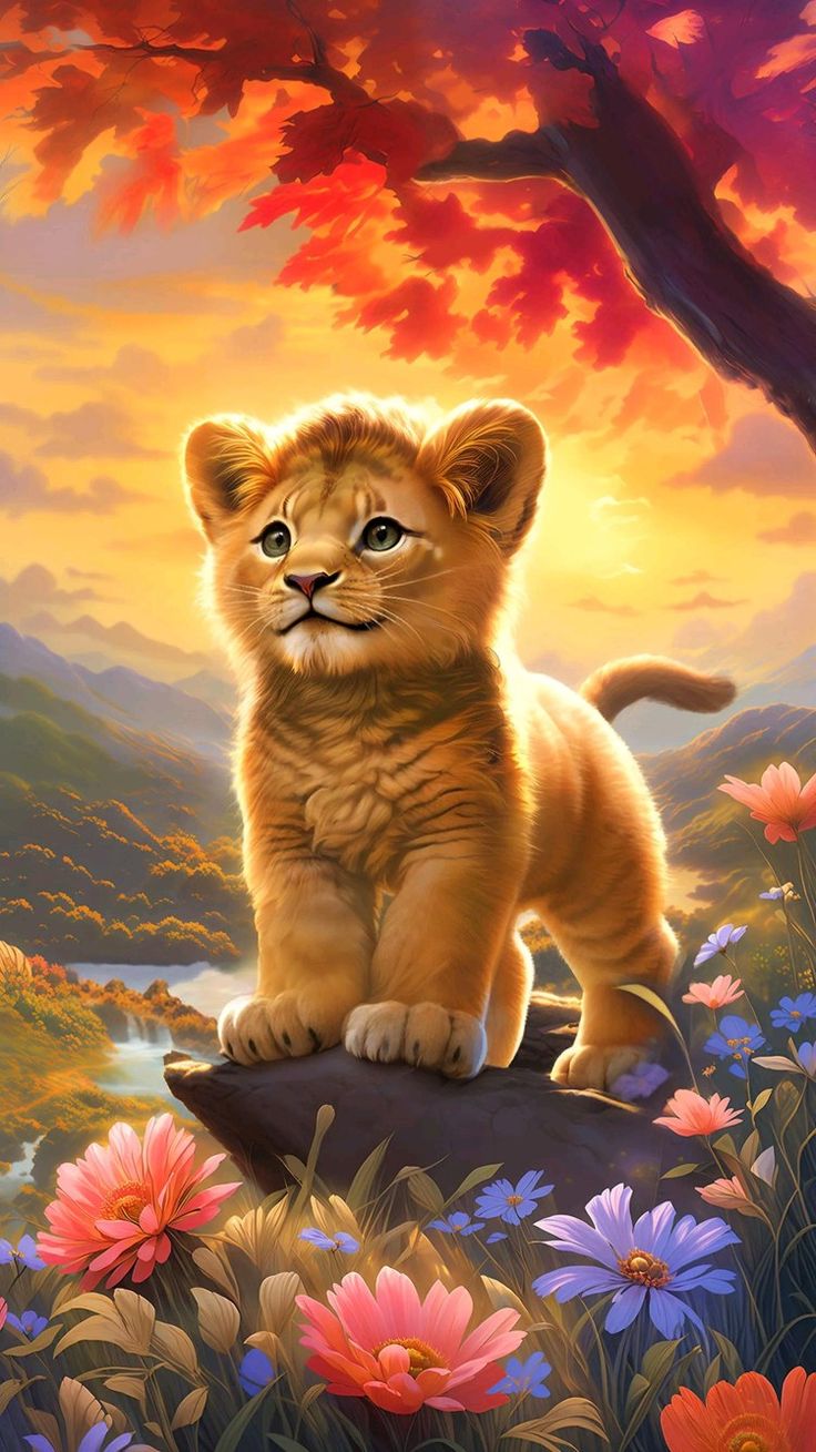 Lion Cub Under Autumn Leaves