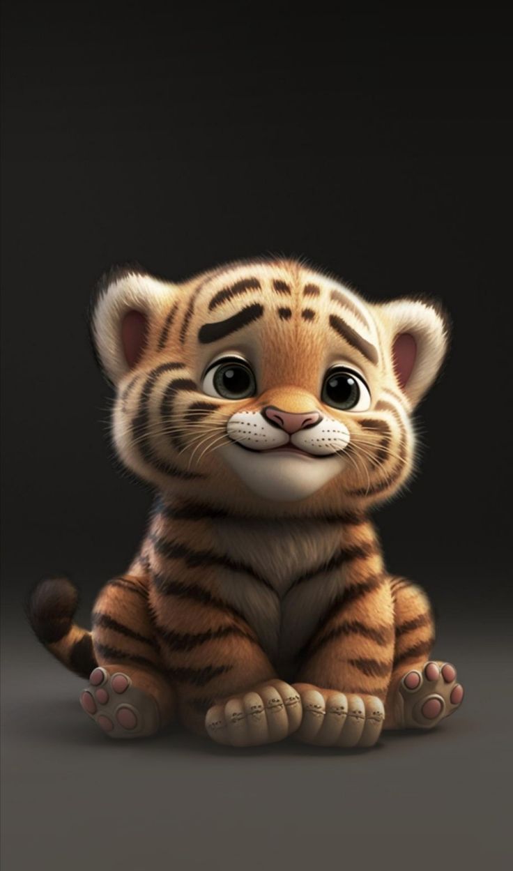 A cute cartoon tiger cub sitting on a dark background.
