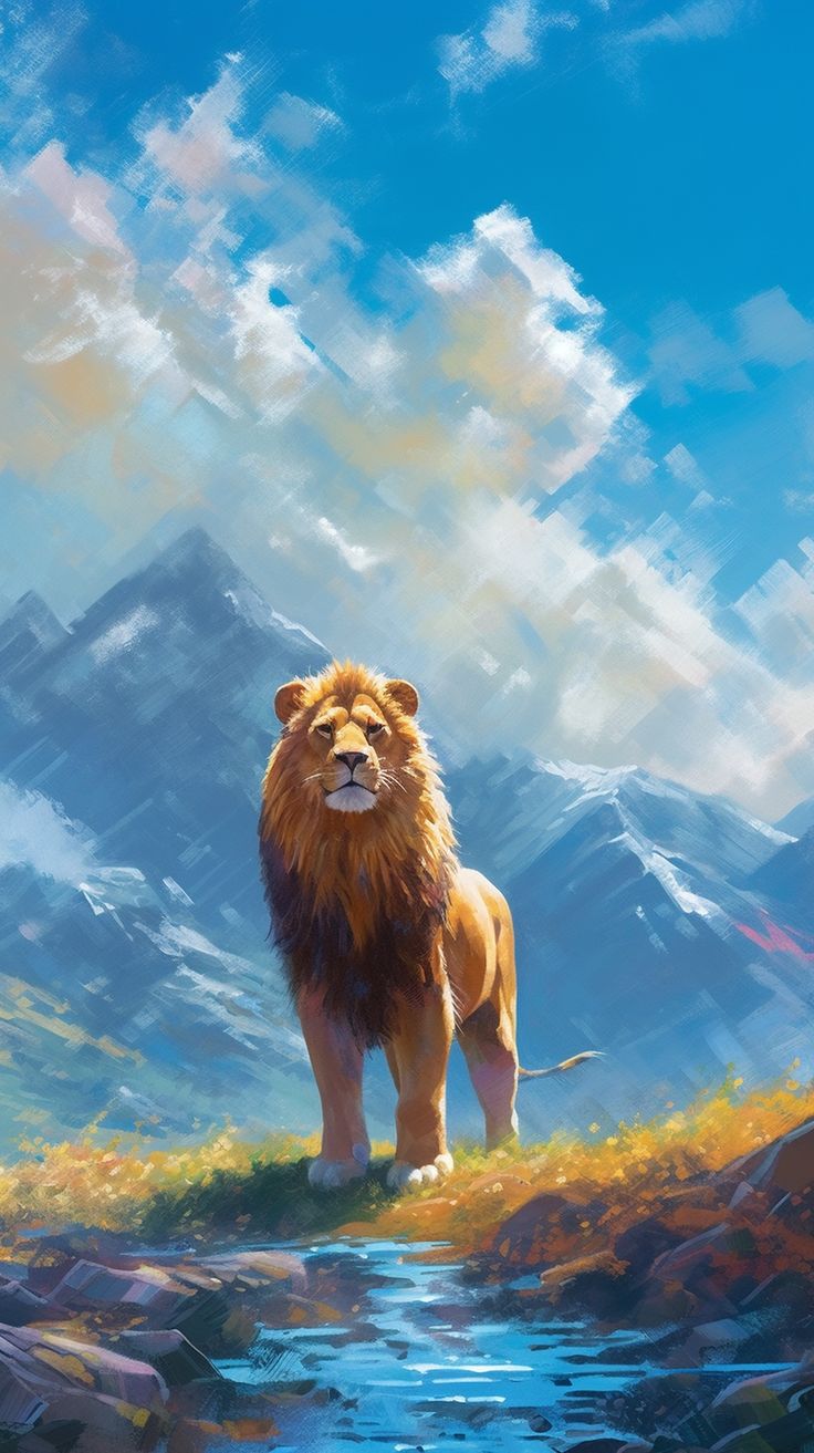 A lion standing by a mountain stream with snowy peaks behind, in a painted style.