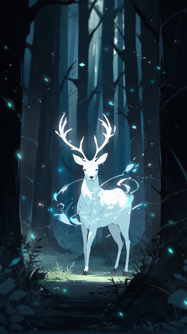 A glowing white spirit stag standing in a dark blue forest.